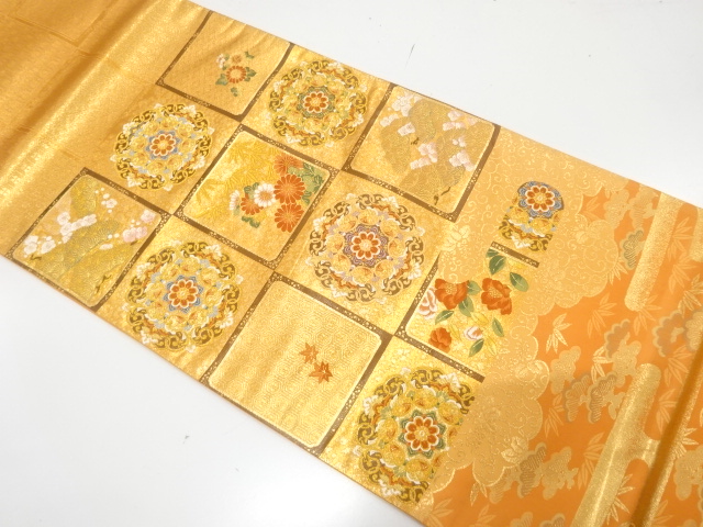 未使用品　とみや織物製　枡に華紋・松竹梅模様織り出し袋帯(未仕立て)